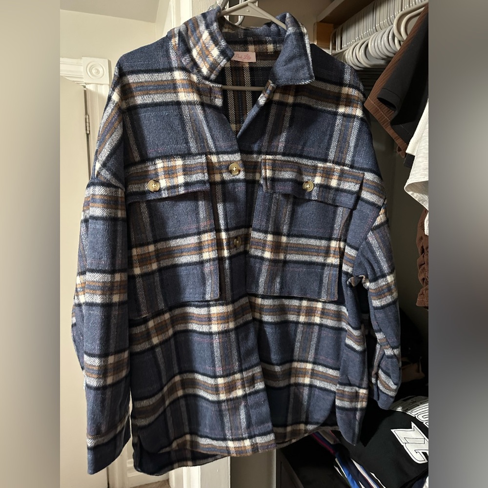 Pink lily Navy Plaid Shacket - Large